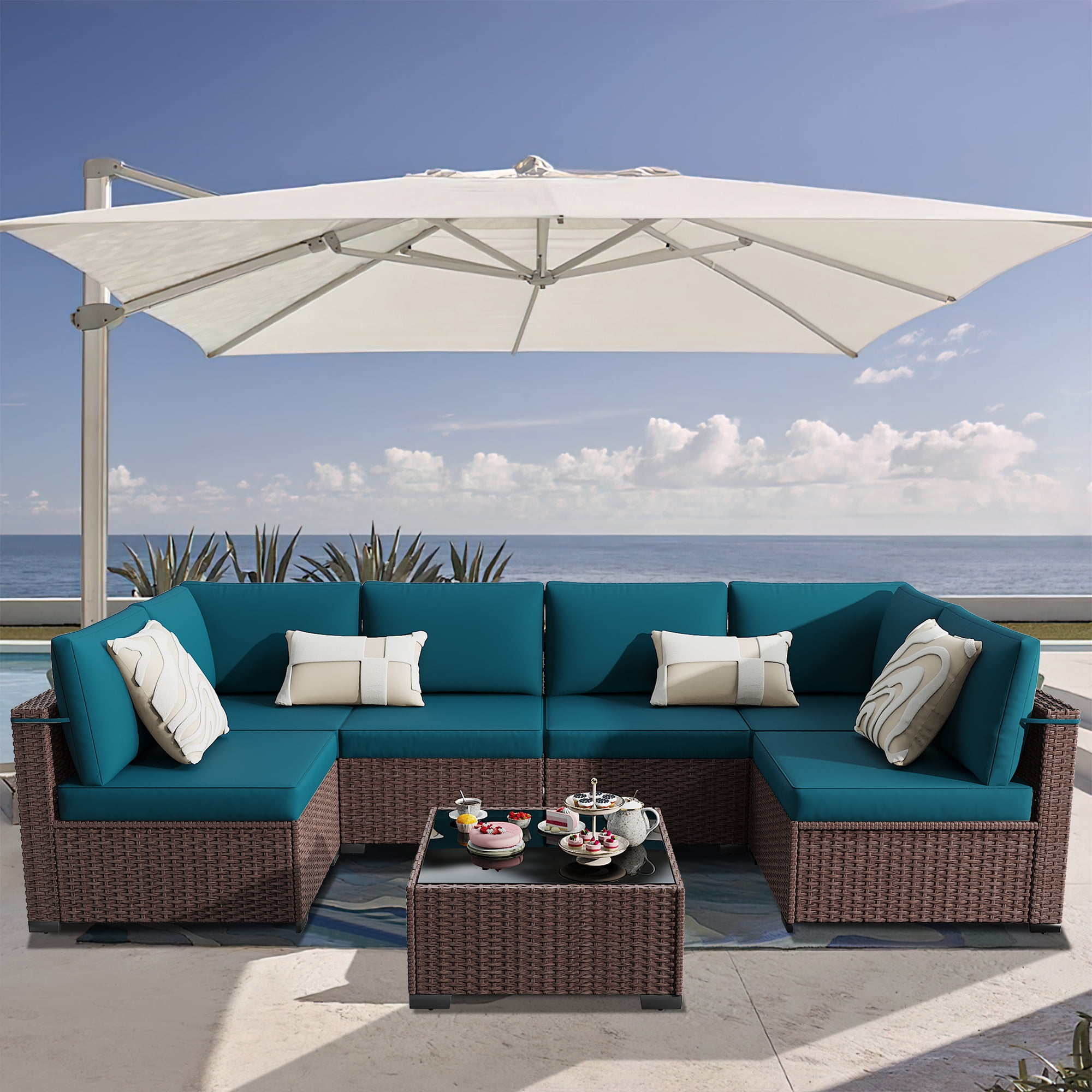 KIGOTY 7 Piece Outdoor Patio Furniture, Wicker Rattan Outdoor Conversation Set Sectional Sofas for Backyard, Garden, Brown-Blue