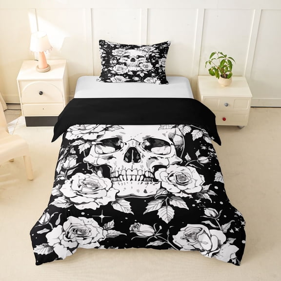 Homewish Halloween Goth Skull Twin Duvet Cover,Victorian Romantic Flowers Twin Bedding,Black White,Black Reversible,2 Pieces,1 Duvet Cover and 1 Pillowcase