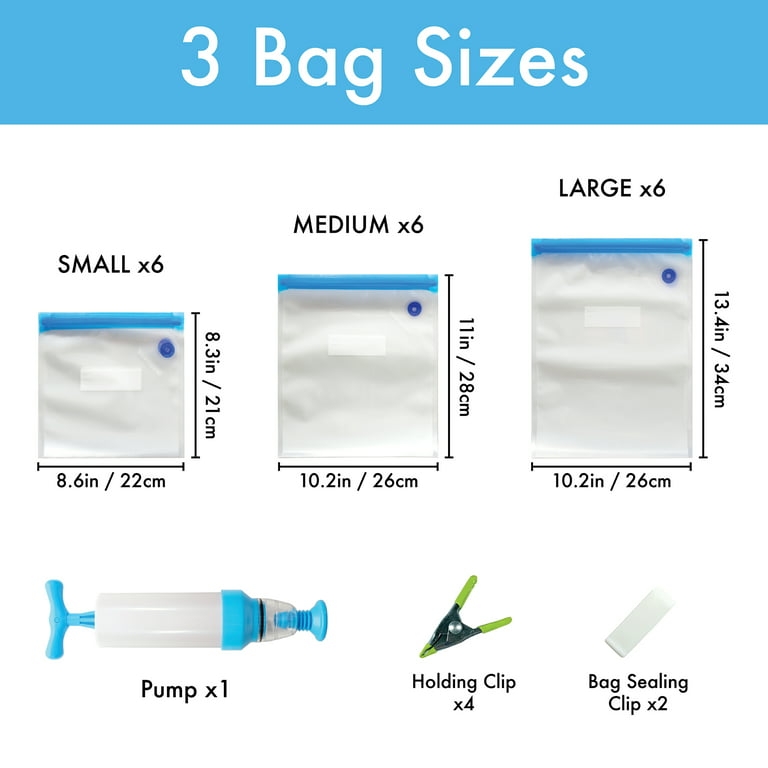 Sous Vide Bags Kit for Anova or Joule Cookers - 18 Reusable Food Vacuum  Sealer Bags, 1 Hand Pump, 2 Bag Sealing Clips and 4 Sous Vide Clips 