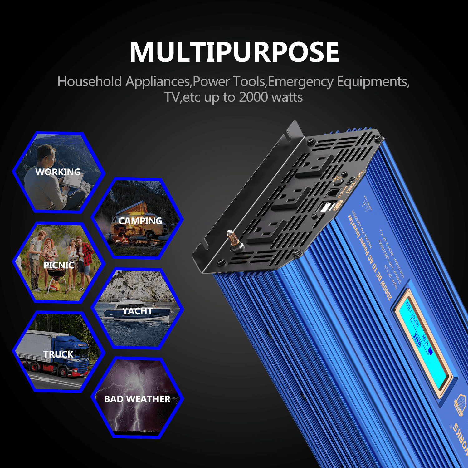VOLTWORKS Power Inverter 2000Watts DC 12V to AC 110V 120V Modified Sine Wave Inverter with LCD Display Remote Control 2.4A USB for Car RV Truck Boat