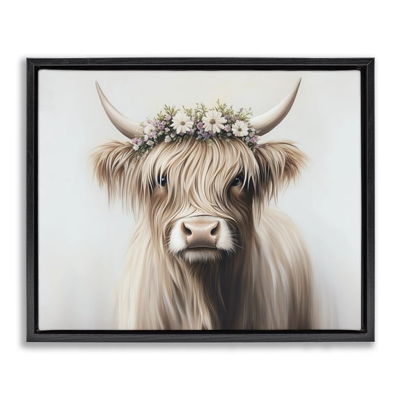 Shaggy Cattle Floral Crown Black Framed Floater Canvas Wall Art, design by Shawna Stewart