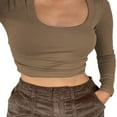thumbnail image 3 of Femmes Crop Tops Couleur Unie Col Rond Manches Longues T-Shirt, 3 of 6