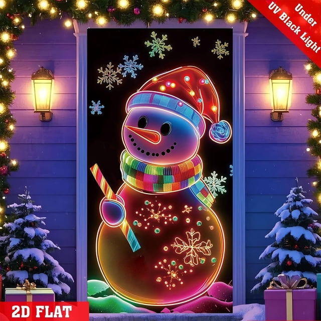 Cubierta de puerta de poliéster, decoración navideña fluorescente, con estampado de Papá Noel y árbol, pancartas festivas para interiores y exteriores, fiestas navideñas, decoración del hogar, decorac