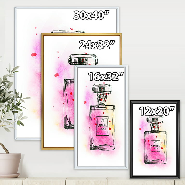 Designart 'Perfume Chanel Five Pink Strokes' French Country Framed Art Print, Size: 24 x 32