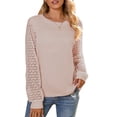 thumbnail image 1 of Suéter de manga de encaje para mujer Jersey de manga larga ahuecada Cuello redondo Sudadera de gofre para mujer para otoño invierno Rosa amarillento S, 1 of 6