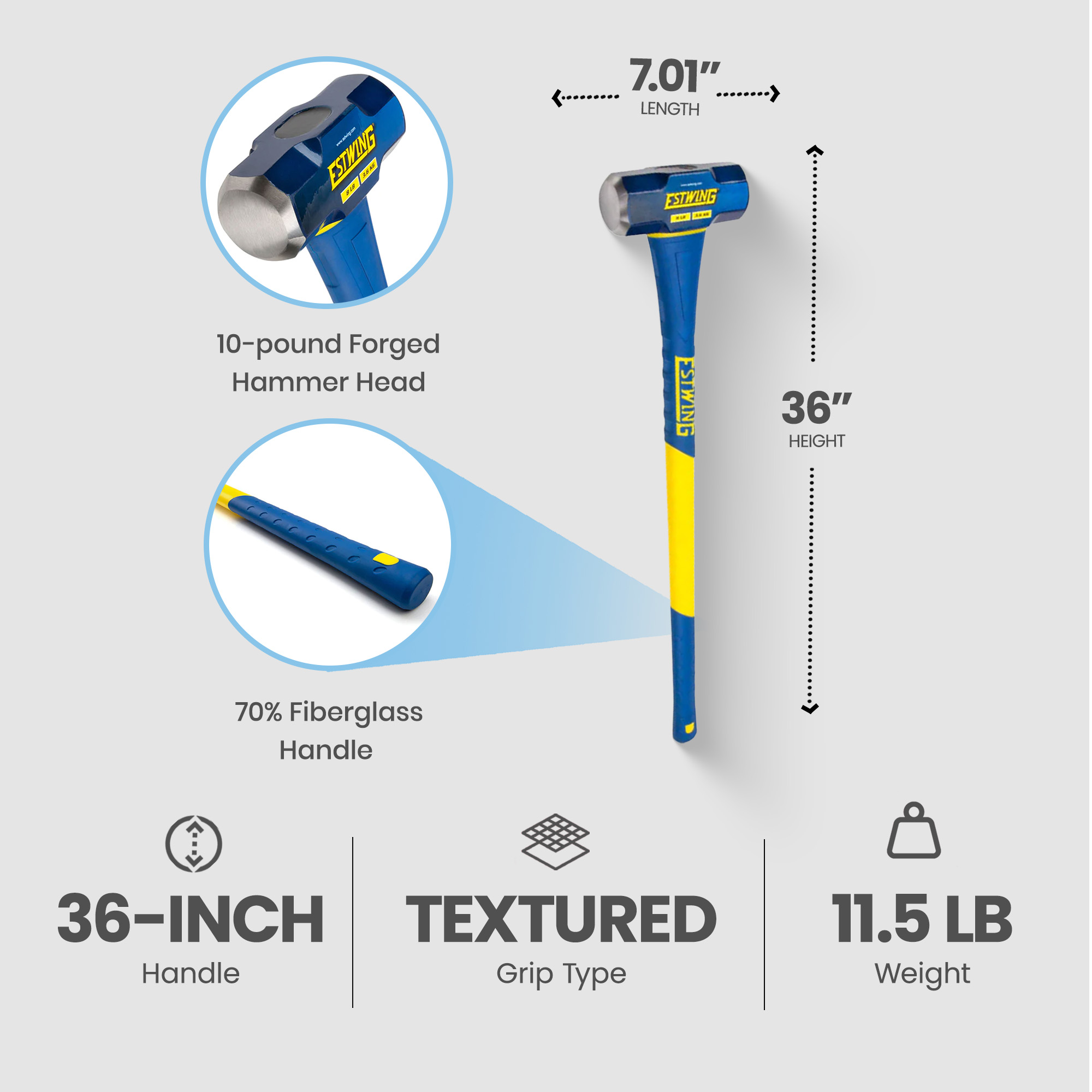Estwing 10 Pound Head Hard Face Sledge Hammer with 36" Fiberglass Handle