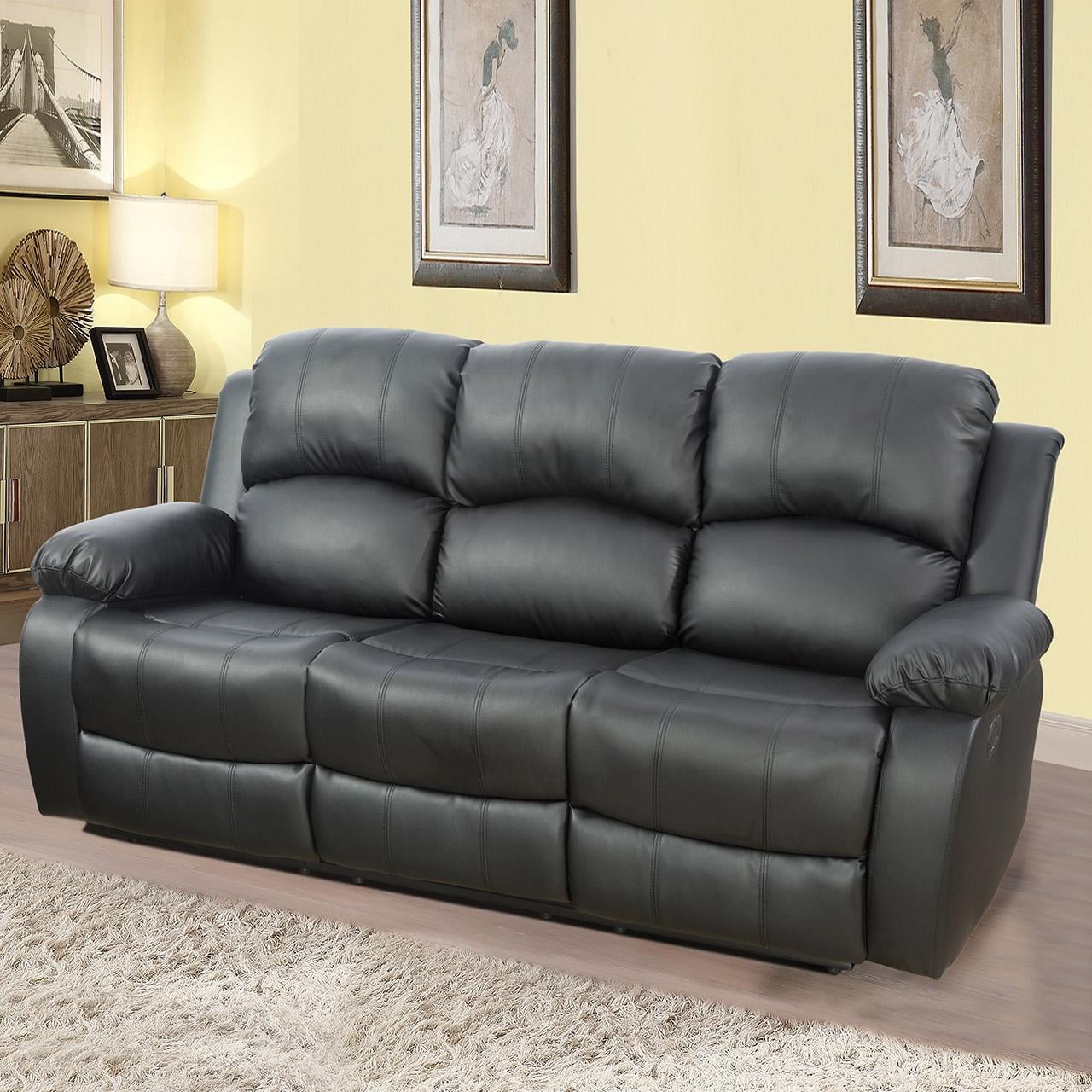 Gewnee Faux Leather Upholstered Manual Reclining Sofa with 3 Recliners and Cup Holders,Black