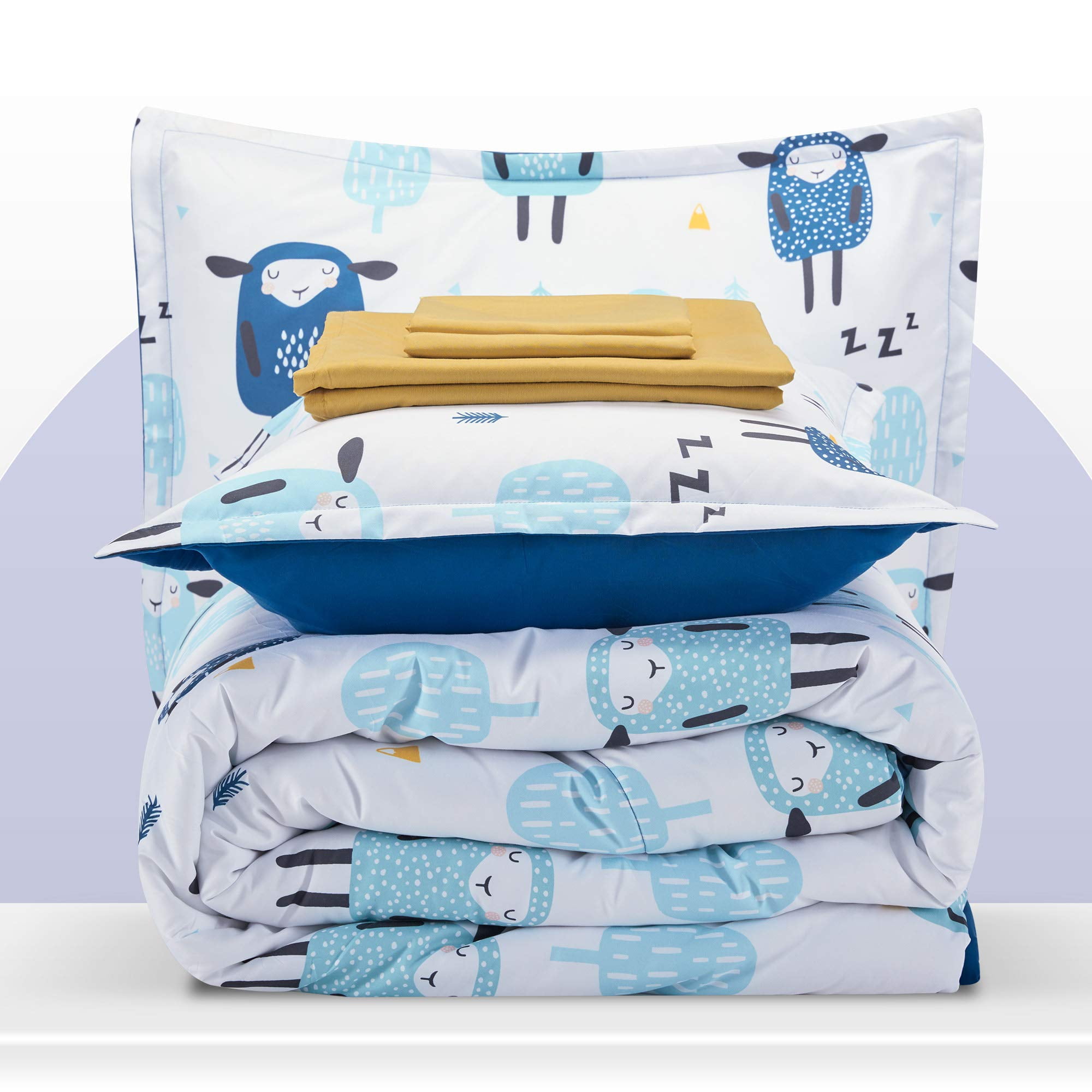 Sleep Zone Kids Full/Queen Bedding Comforter Set - 7 Pieces Super Cute & Soft Bedding Sets & Collections with Comforter, Sheet, Pillowcase & Sham - Fade Resistant Easy Care (Blue Sheep)