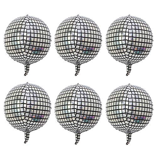 22 Inch 4D Balloons Disco Ball Balloon Silver Laser Large Sphere Foil Balloons for Disco Dance Party Supplies Birthday Wedding Baby Shower Party Decors (6 Pcs)