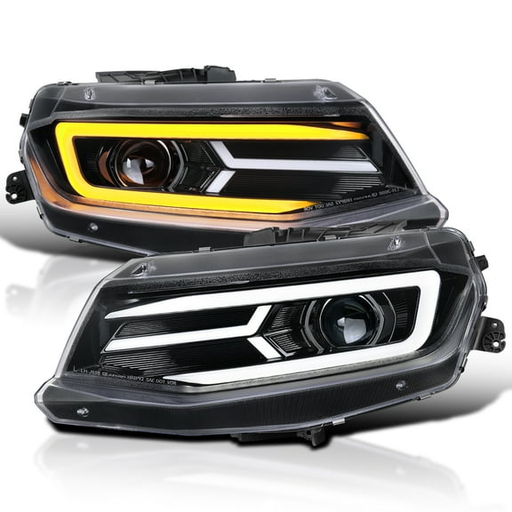 Spec-D Tuning Jet Black Projector Headlights w/ LED Sequential Signal & DRL Compatible with 2016-2018 Chevy Camaro, Left   Right Pair Headlamps Assembly