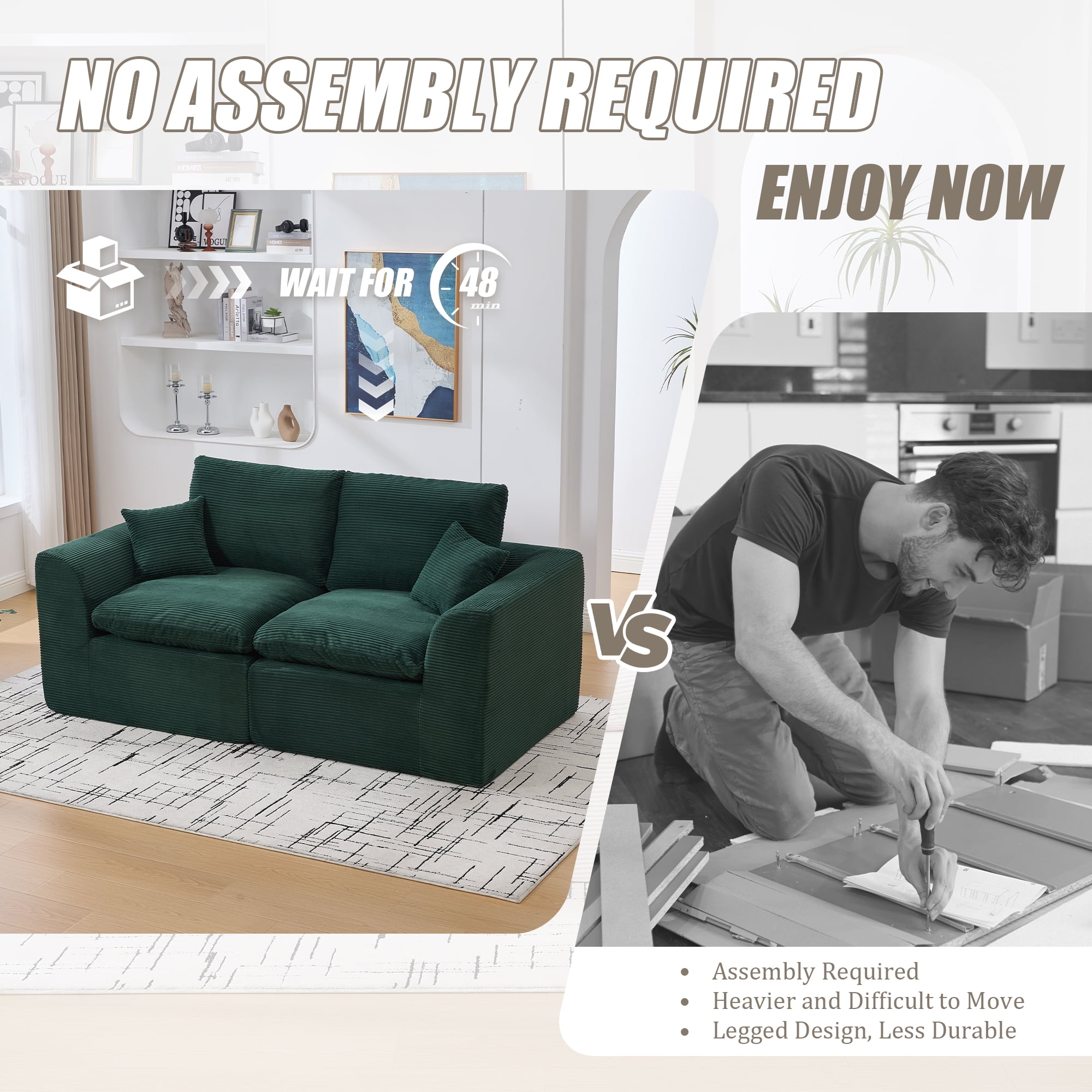 MOONMISS 80.3" Oversized Modular Sofa, Upholstered Corduroy 2 Seat Deep Seat Cloud Couch for Living Room Bedroom, No Assembly Required, Emerald