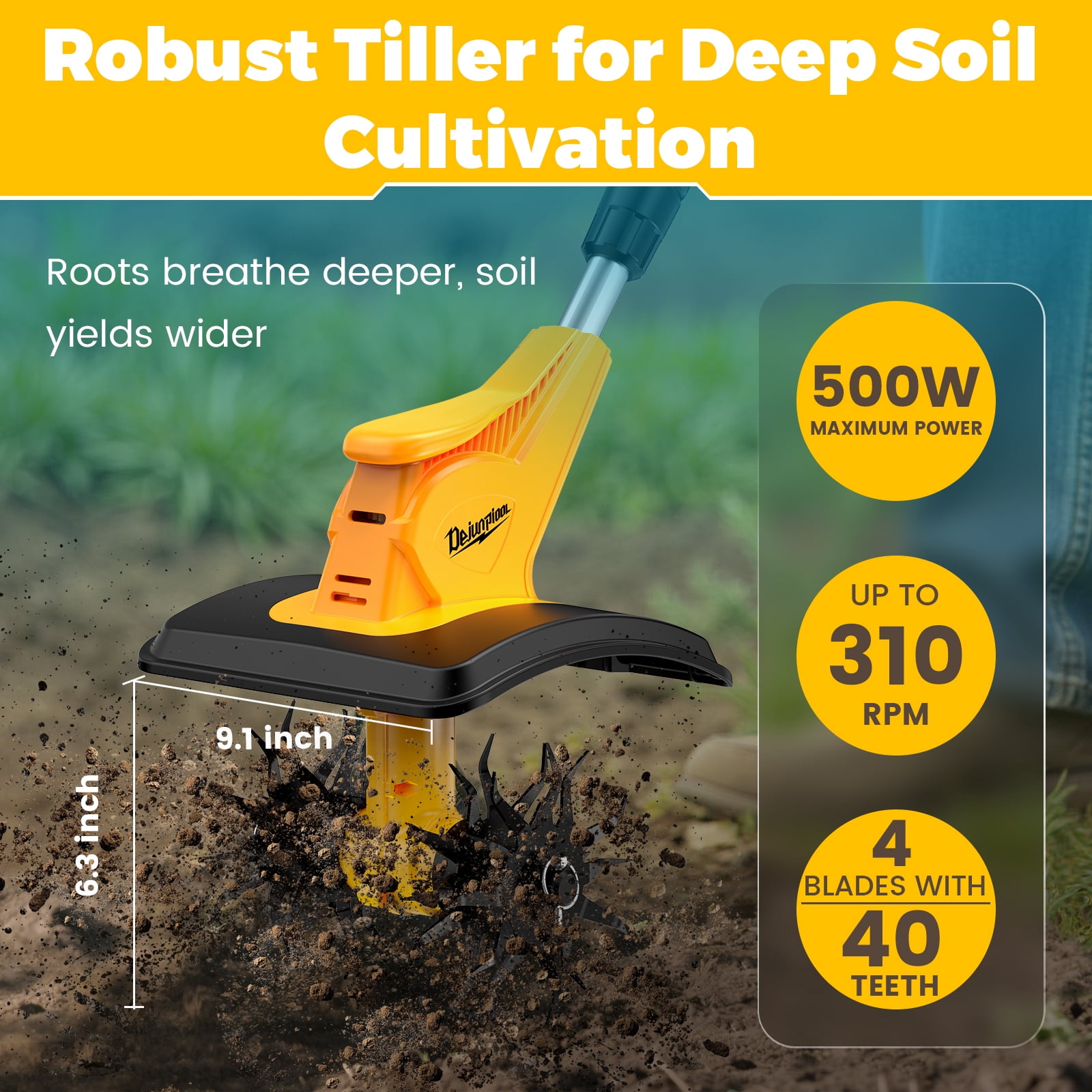 Cordless Tiller Cultivator Compatible with Dewalt 20V MAX Battery(Tool Only, Not battery), 310RPM Electric Rototiller Garden Tools with 40 Steel Tines, 9.1In Tilling Width & 6.3In Depth Tiller
