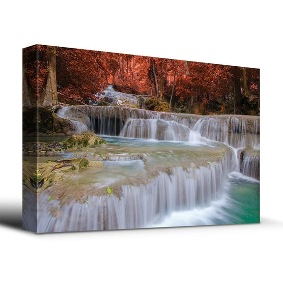 wall26 - Secluded Waterfall Surrounded by Exquisite red Trees - Canvas Art Home Art - 12x18 inches