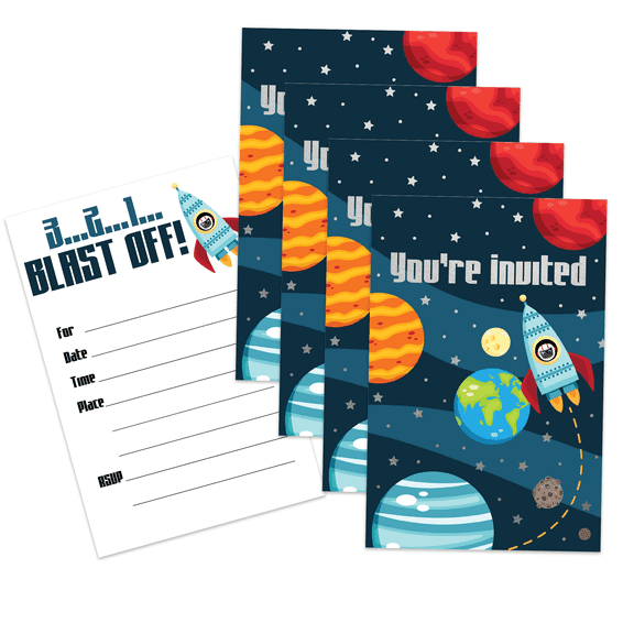 Space Birthday Party Invites For Boys and Girls - 20 Count of 4 x 6 Inch Double Sided Fill-In Invitations With Wet To Seal Envelopes