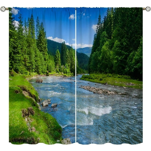 Lake Blackout Curtains Home Decor,landscape mountains forest river beautiful Rod Pocket Thermal Insulated Drapes Darkening Window Curtain for Girls Boy Bedroom Living Room-52"W x 72"L (Pack of 2)