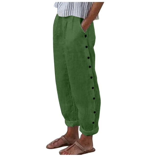 Women Buttons Solid Pants - High Waisted Wide Leg Pants, Drawstring Elastic Trousers, Polyester, Casual/Office/Party, Spring/Summer/Fall