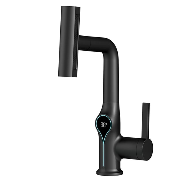 Grifo de Lavabo con Pantalla Digital de Temperatura y Cascada, con Elevación Hacia Arriba y Hacia Abajo, Mezclador de Agua Fría y Caliente para Baño, Color Negro.