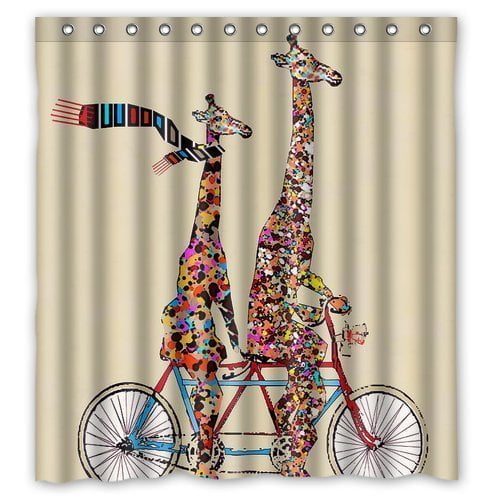 YUSDECOR Bigger And Giraffe Wear Scarf Ridding Tandem Bicycle Waterproof Shower Curtain Set with Hooks Bathroom Accessories Size 66x72 inches