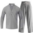 thumbnail image 6 of Gytharion Men's Summer Casual 2 Piece Outfits for Vacation Soild Color Stand Collar Long Sleeve Shirts with Drawstring Elastic Waist Long Pants Outfits Cotton and Linen Lightweight Sets, 6 of 8