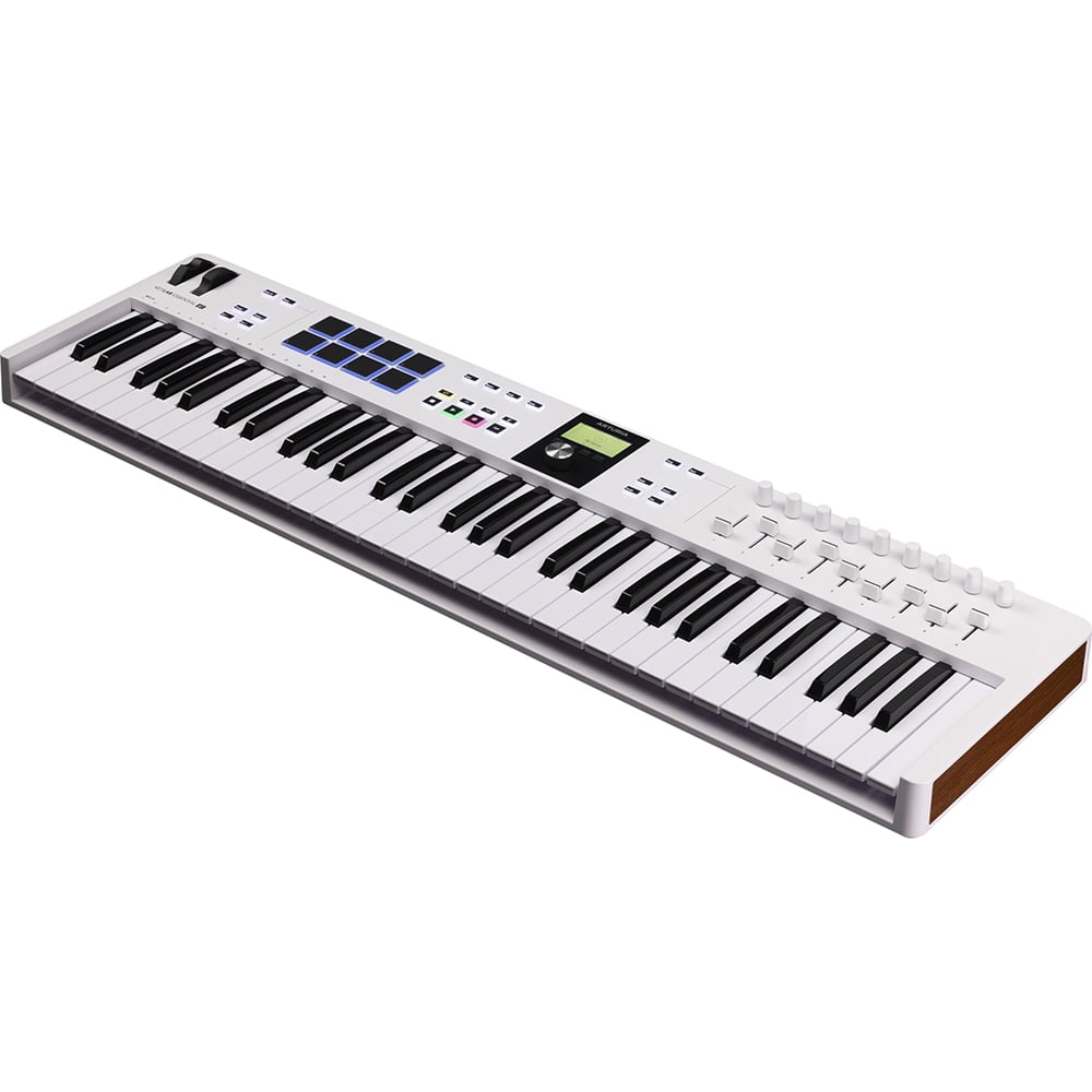 Arturia KeyLab Essential Mk3 61-Key USB MIDI Controller Keyboard, White 231531 Bundle with OnStage KS7171 Double-X Keyboard Stand + 5-Ft Male-to-Male MIDI Cable + 2 Year Enhanced Protection Pack