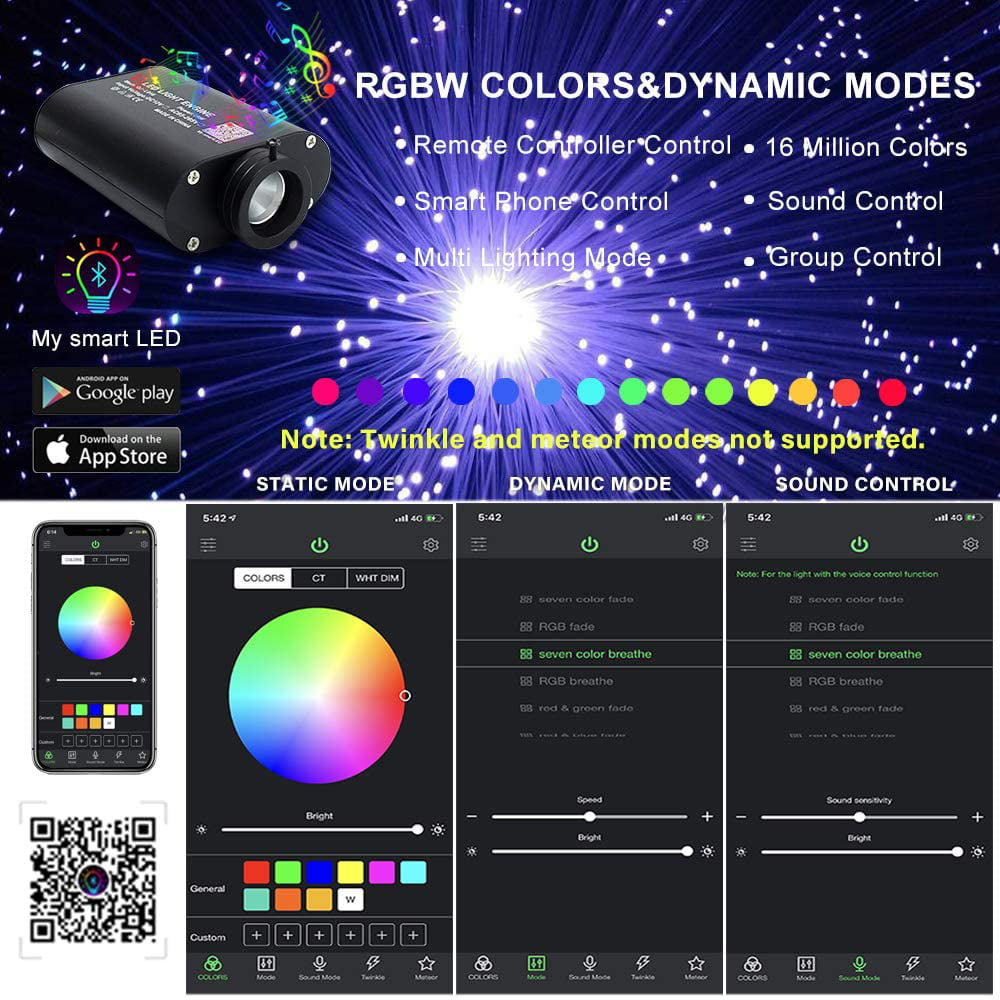16W Fiber Optic Star Kit Ceiling Light 28 Keys Sound Sensor Musical RGBW Remote 0.75mm/0.03in 6.5ft/2m 150pcs