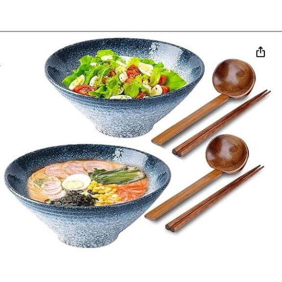 Japanese Ceramic Ramen Bowl Set with Chopsticks and Spoons - Elegant Tableware for Noodles, Soups, and Asian Food Serving