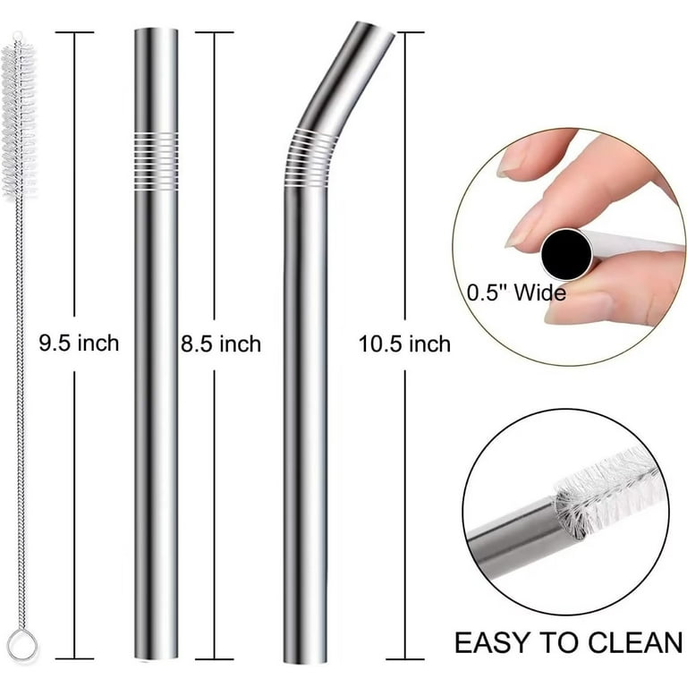 Vannise Silver Stainless Steel Smoothie Straws, 0.5'' Extra Wide Reusable Metal Drinking Straws for Beverage, Set of 6 with 1 Cleaning Brush - 4