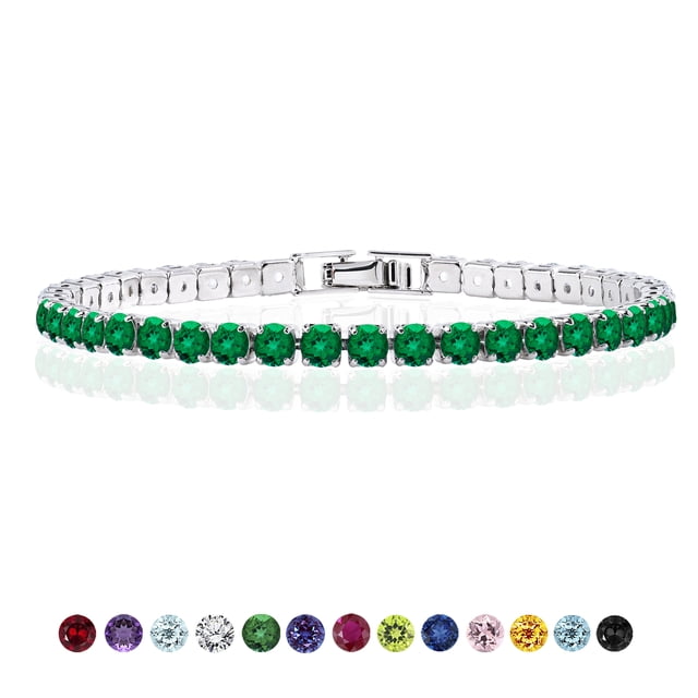 JeenMata 11 TCW Corte Redondo Mayo - Esmeralda - Pulsera de tenis con piedra natal para mujer en diseño de eternidad - Chapado en oro blanco, Mujer, Adulto