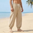 thumbnail image 2 of BVnarty Men's Solid Linen Beach Jogger Pants Loose Drawstring Elastic Waist Casual Long Trousers with Pockets for Vacation Outdoor Khaki XXXL, 2 of 9