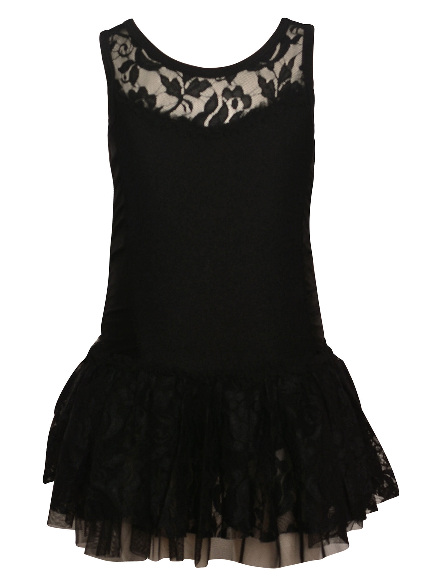 Danshuz Little Girls Black Lace Overlay Tank Style Dance Leotard Dress 2-4