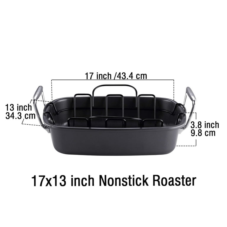 Large 16 X 13-inch roasting pan with removable V-shaped nonstick roast