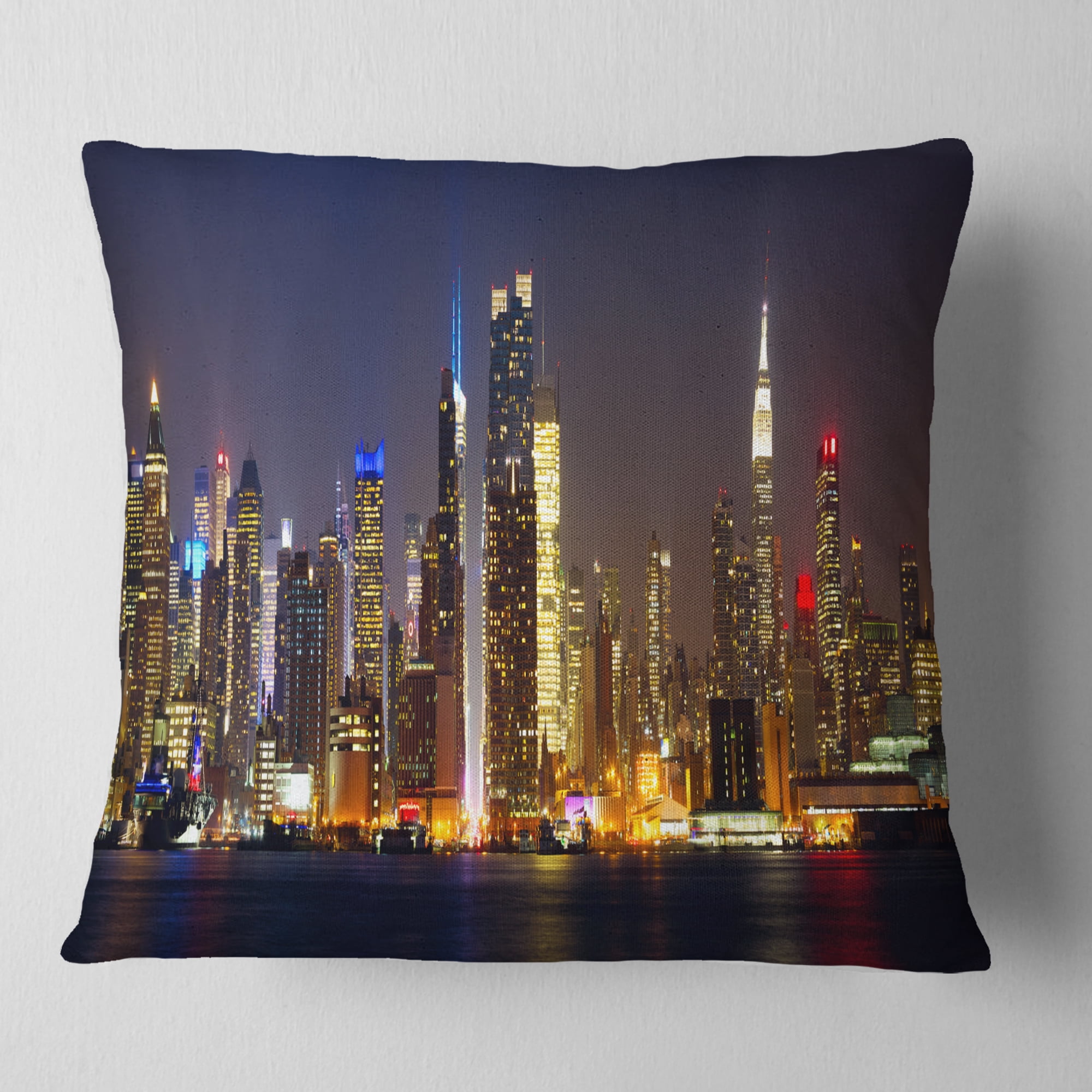 Designart New York Skyline at Night - Cityscape Photo Throw Pillow - 16x16
