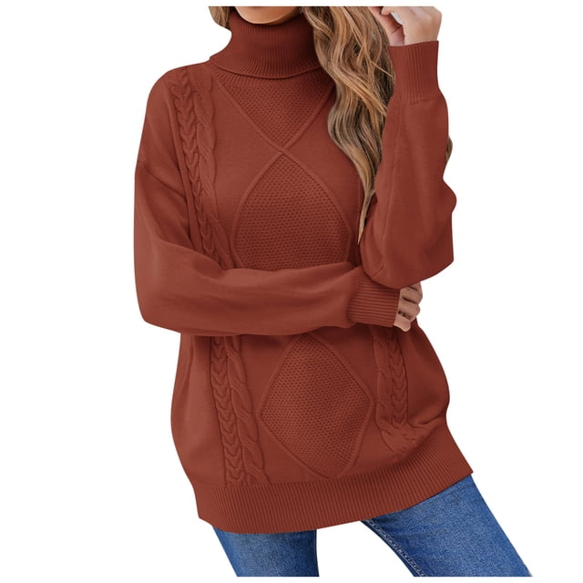 MSJUHEG Chandails à Manches Longues pour Femmes Col Roulé Chandail Femme Coton Col Roulé Style Chandail Manches Longues Léger Chandails pour Femmes Rouge G