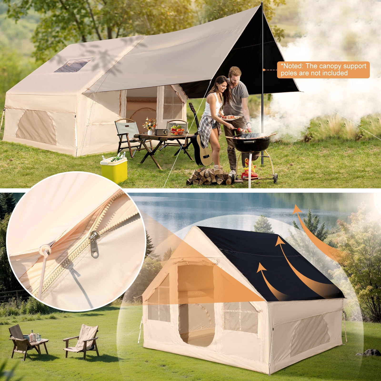 Vebreda 6-Person Inflatable Camping Tent with Pump, Waterproof Family Tent for Outdoor Camping, Hiking & Travel, Beige