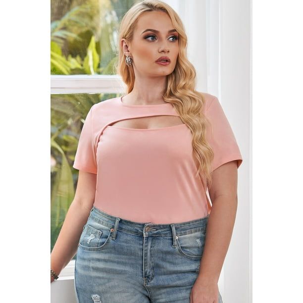 POGLIP Women's Pink Peekaboo Cutout Front Plus Size T-shirt 