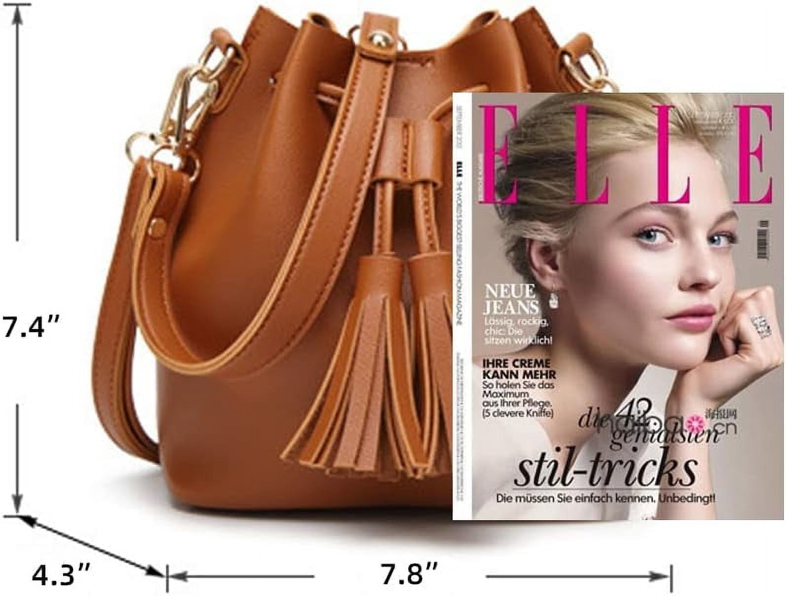 HMSHA Womens Mini Bucket Bag Leather Drawstring Handbag Tassel Shoulder Purse Retro Crossbody Wallet with Adjustable Straps