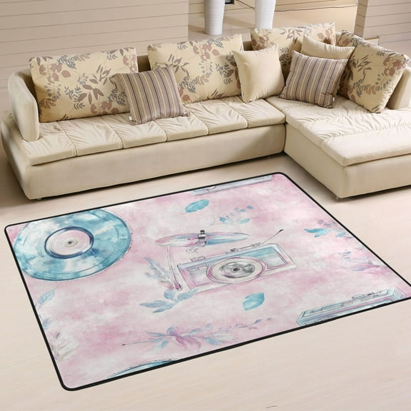Retro Music Theme with Records Soft Polyester Area Rug 36''x24'', Non Slip, Memory Foam, Water Absorbent
