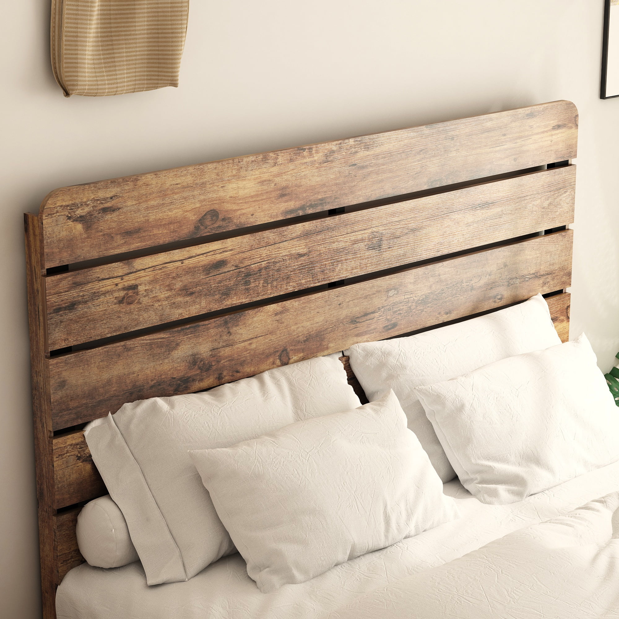 Miniyam Queen Size Wood Platform Bed with High Headboard for Adult, Rustic Vintage