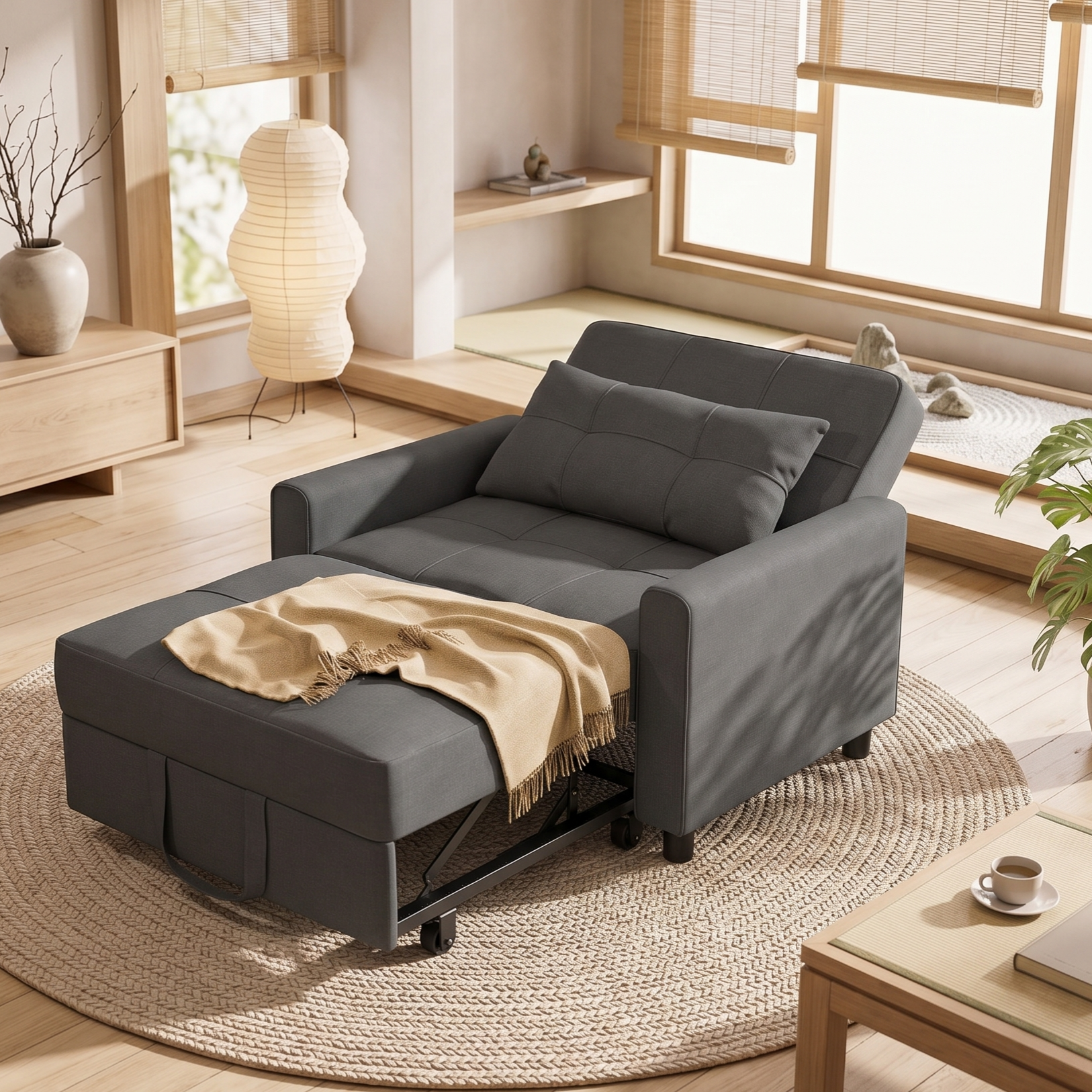 Asofer 3-in-1 Convertible Sleeper Sofa Chair, Adjustable Backrest Futon Couch, Linen Fabric Multi-Functional Recliner Chair Bed, Space Saving Furniture for Living Room Apartment Office , Dark Gray