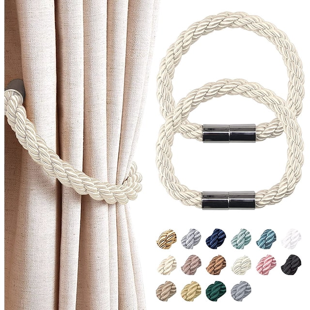2 Pack Strong Magnetic Curtain Tiebacks Modern Simple Style Drape Tie Backs Convenient Decorative Weave Rope Curtain Holdbacks for Thin or Thick Home & Office Window Draperies (Beige)