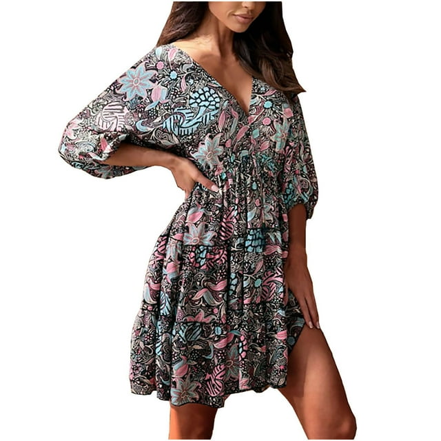 Robe d'Été pour Femmes 2024 Mode Grande Taille Col en V Manches Courtes Imprimé Robe Ample Manches Courtes Col en V Robe 50 % de Réduction!