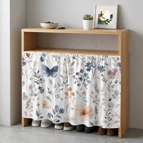 Watercolor Flower Cabinet Curtain 35"Wx35"L,Dustproof Under Sink Skirt with Self Adhesive Tape,Spring Farm Leaf Country Retro Plant Cabinet Curtain Cover for Kitchen Sink,Bathroom Vanity,Laundry Room