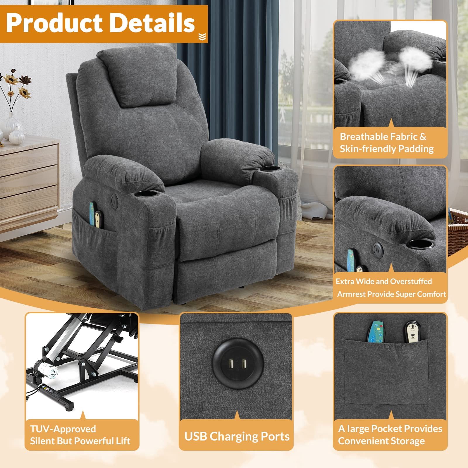 W WARMHOL Electric Power Lift Recliner Chair with Heat and Massage Lift Recliner for Elderly, Single Sofa recliners for Living Room with Cup Holders, 4 Pockets, USB Ports, Soft Fabric (Gray)