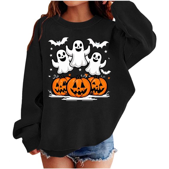 SERTGUTR Kids Halloween Sweatshirt Crew Neck Long Sleeve Fleece Pullover with Ghost Pumpkin Print for Fall School Parties Trick or Treat Outings Versatile Top