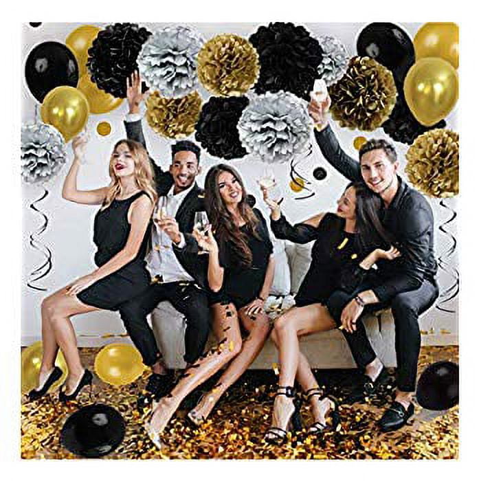 zilue Black Gold Party Decorations, Black Gold Paper Lanterns and Pom Poms  Flowers for Birthday Party Graduation Masquerade New Years Party Decor