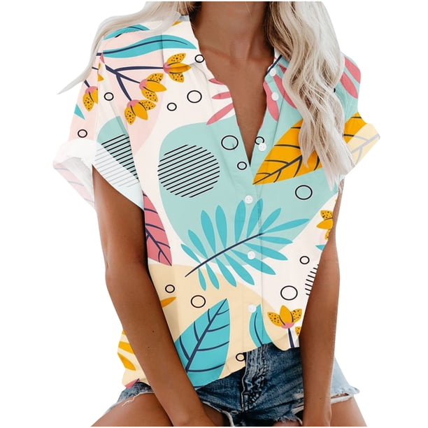 Blusa con estampado floral de manga corta con cuello en V para mujer OAVQHLG3B Store lin121212