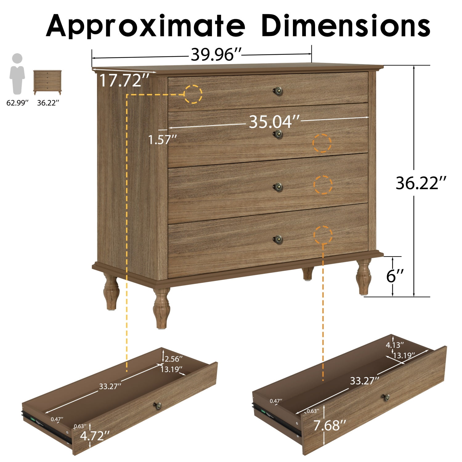 Hommoo Antique-Style 4-Drawer Dresser with Solid Wood Feet, Large Bedroom/Nursery Chest with Anti-Tip Kit, Metal Knobs & Ball-Bearing Slides, Light Brown