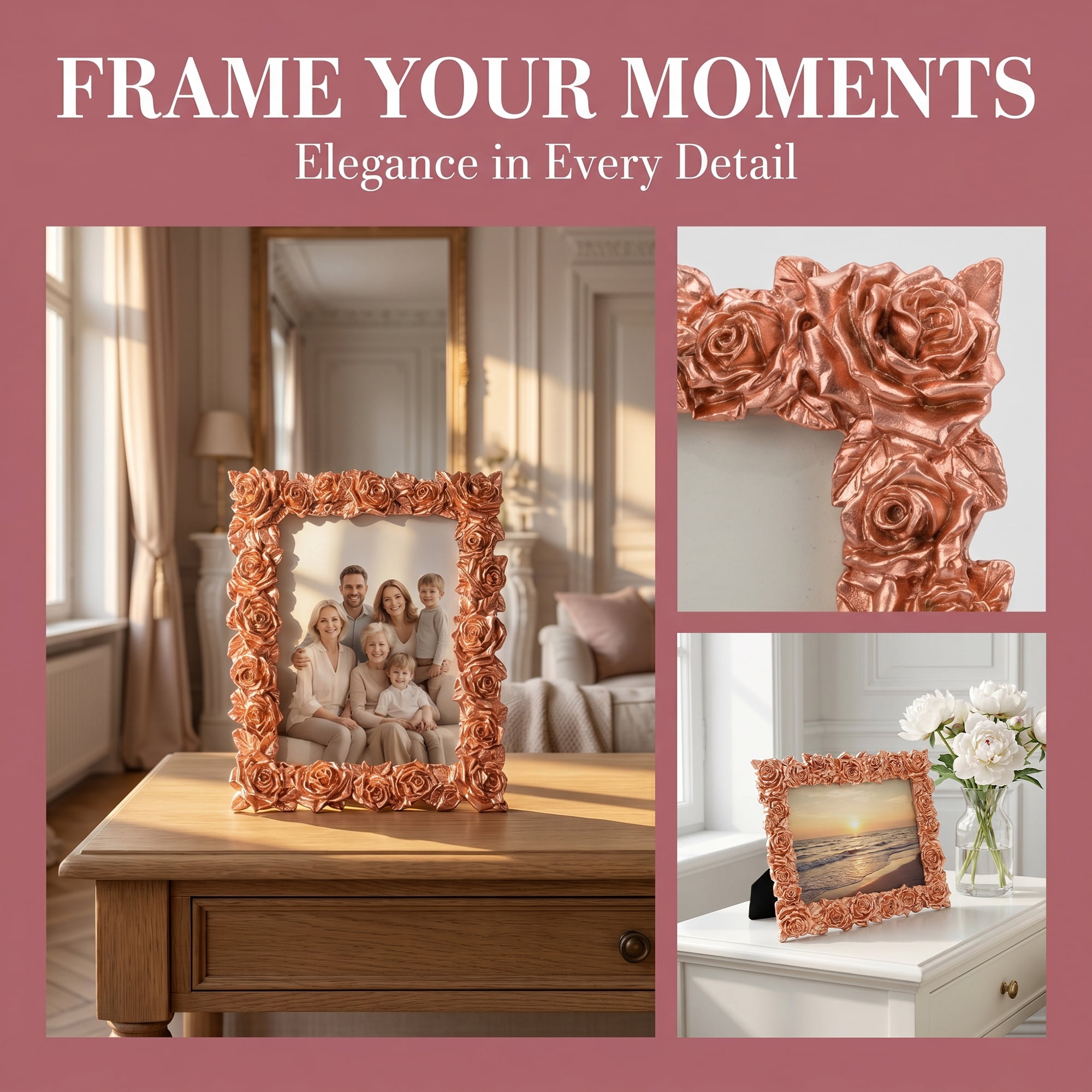 Unique Bargains 3D Rose Resin Wedding Decor Picture Frame Rose Gold 5" x 7"