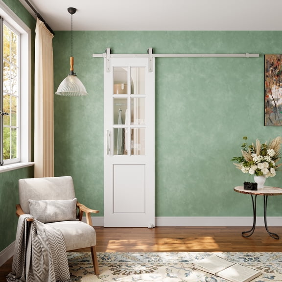 24" x 96" Modern White Primed And 6-Lite Clear Glass Sliding Barn Door With Nickel Plated Installation Hardware Kit(No Assembly Required)