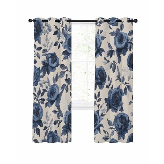 Flowers Blackout Curtains for Bedroom Living Room, Vintage Blue Roses Leaves Watercolor Nostalgia Beige Bottom 63 In Long Thermal Insulated Room Darkening Drapes Grommet Window Treatments, 52 x 63 In